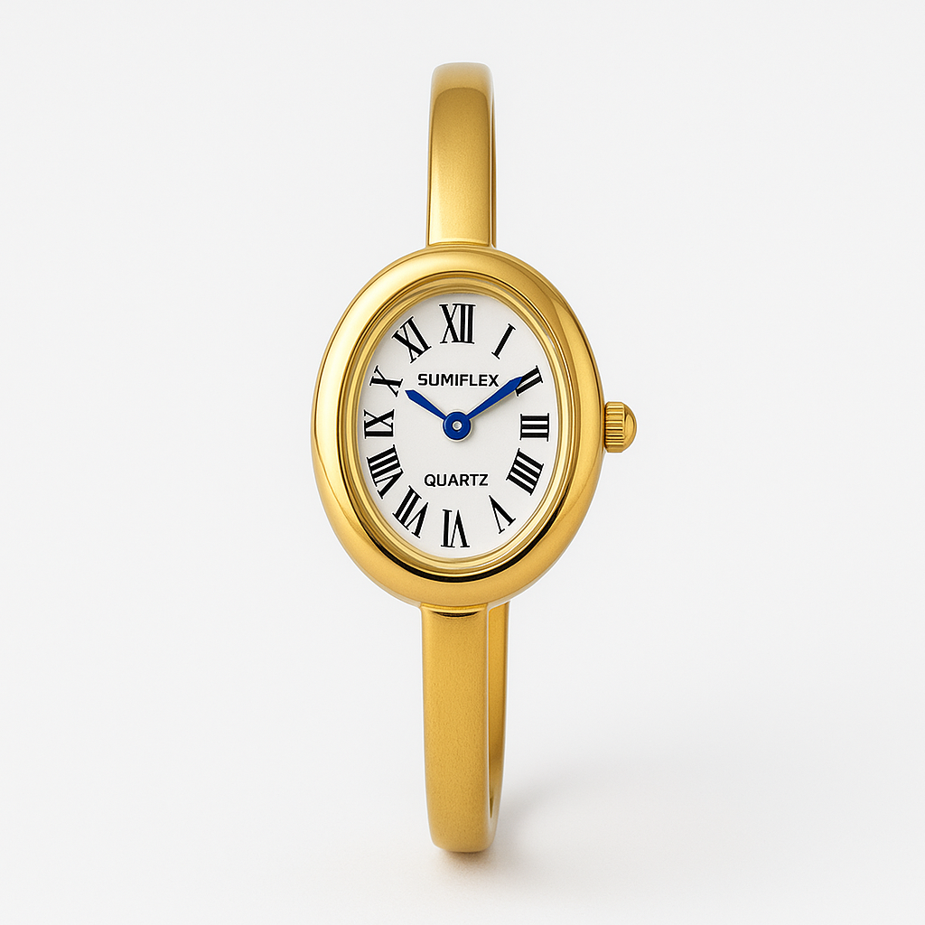Gold wristwatch with white face and Roman numerals on a white background