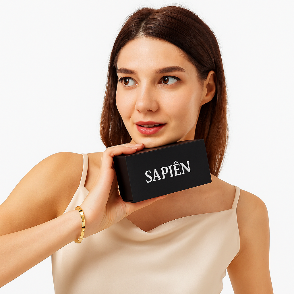 Woman holding a black box with 'SAPIEN' branding against a plain background
