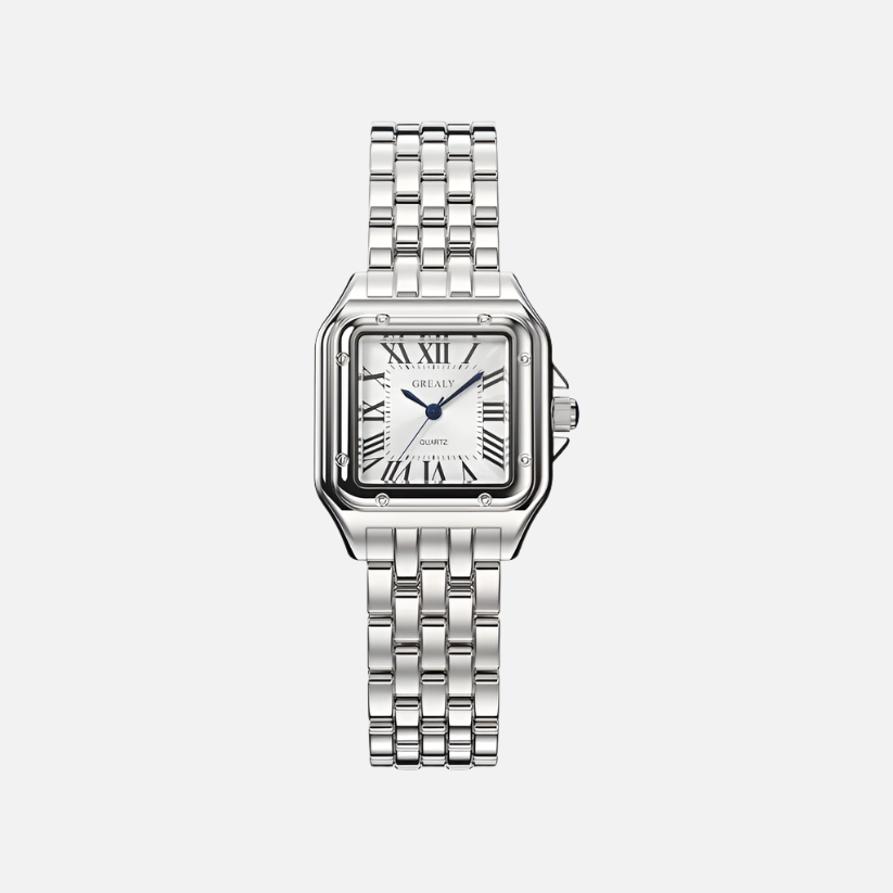 SAPIEN GREALY DE MAINS A vintage-inspired silver timepiece with a square face, Roman numerals, and a metal bracelet.
